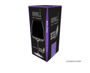 A RIEDEL Winewings Pinot Noir/Nebbiolo glass on a white background with product dimensions: Height: 250 mm / 9.84 in, Biggest diameter: 115 mm / 4.53 in, Base diameter: 100 mm / 3.94 in.