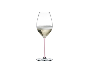 RIEDEL Fatto A Mano Champagne Wine Glass Pink R.Q. filled with a drink on a white background