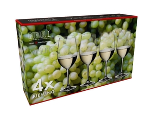 Unfilled RIEDEL Vinum Riesling glass on white background with product dimensions