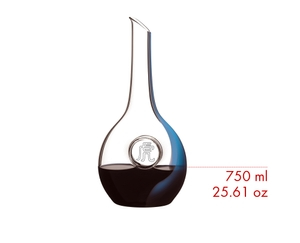 A RIEDEL Chinese Zodiac Tiger Decanter Blue filled with red wine on a white background.
