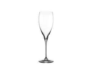 Two RIEDEL Vinum Vintage Champagne Glasses. One is unfilled, the other one is filled with Champagne on white background.