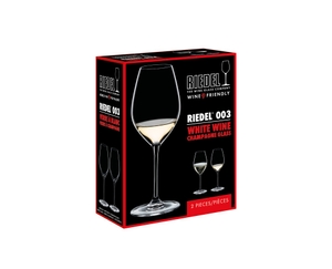 An unfilled RIEDEL Wine Friendly White Wine / Champagne Wine Glass glass against a white background with product dimensions.