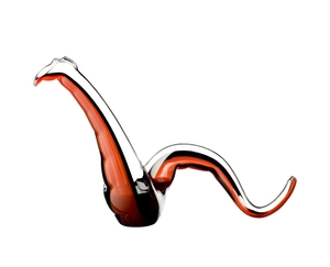A RIEDEL Twenty Twelve Decanter Red/Black filled with red wine.