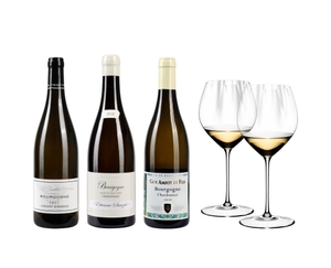 3 different closed bottles of wine from Burgundy side by side and next to 2 white wine filled RIEDEL Performance Chardonnay glasses on white background.