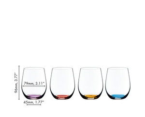 4 RIEDEL O Wine Tumbler Happy O Vol. 2 with colored bases in orange, violet, cyan and amber. An Easter nest behind it.