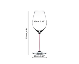 An unfilled RIEDEL Fatto A Mano Champagne Wine Glass in pink on a white background with product dimensions: Height: 250 mm | 9.84 inch Biggest diameter: 85 mm | 3.35 inch Base diameter: 86 mm | 3.39 inch. 