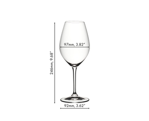 A RIEDEL Wine Friendly Red Wine Glass filled with red wine on a white background.