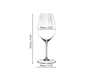 An unfilled RIEDEL Performance Riesling glass on white background with product dimensions.