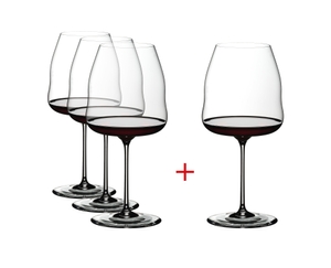 Three plus one RIEDEL Winewings Pinot Noir/Nebbiolo glasses filled with red wine on a white background.