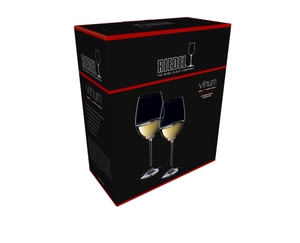 An unfilled RIEDEL Vinum Sauvignon Blanc/Dessertwine glass on white background with product dimensions