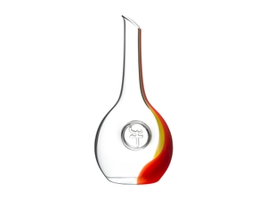 Red wine filled RIEDEL Chinese Zodiac Ox Decanter with red and gold stripe down one side and an embedded zodiac symbol for the Ox in the center on white background. A red line indicates the level of 750ml wine.