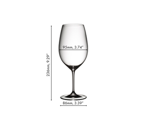A RIEDEL Vinum Syrah/Shiraz/Tempranillo glass filled with red wine on white background
