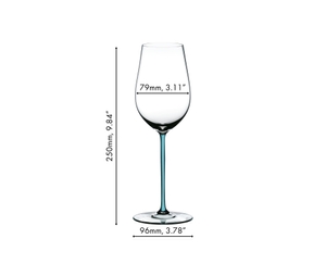 An unfilled RIEDEL Fatto A Mano Riesling with a turquoise stem on a white background with product dimensions.