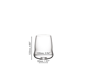 A SL RIEDEL Stemless Wings Cabernet Sauvignon tumbler filled with red wine on a white background