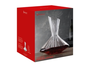 An unfilled SPIEGELAU Lifestyle Decanter on white background. A red line indicates the level of 750ml wine.