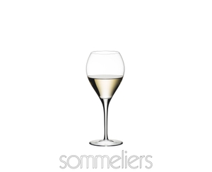 RIEDEL Sommeliers Sauternes filled with a drink on a white background