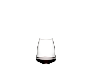 A SL RIEDEL Stemless Wings Pinot Noir/Nebbiolo glasses on a white background filled with red wine.