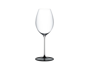 RIEDEL Fatto A Mano Black Tie Hermitage filled with a drink on a white background