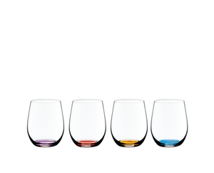 Four RIEDEL O Wine Tumbler Happy O Vol. 2 with colored bases in violet, orange, amber and cyan side by side
