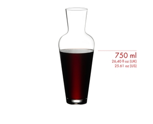An unfilled RIEDEL Wine Friendly Decanter and a schematic wine glass icon which shows the height of the decanter and the wine glass in relation.