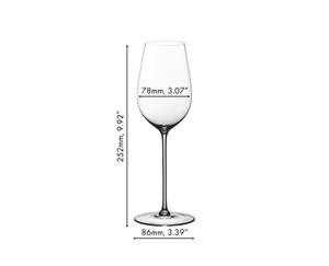 White wine filled RIEDEL Superleggero Riesling/Zinfandel glass on white background