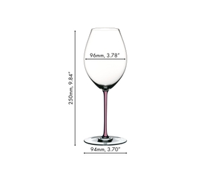 A RIEDEL Fatto A Mano Champagne Wine Glass in mauve filled with champagne on a white background. 