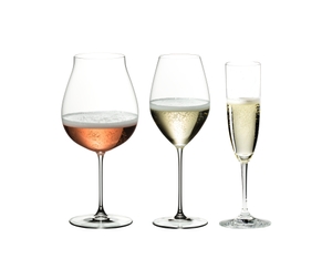 RIEDEL Champagne Tasting Set filled with a drink on a white background