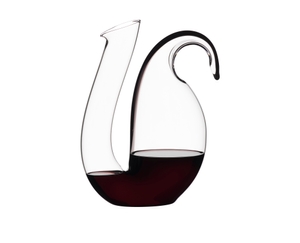 RIEDEL Decanter Ayam Black filled with a drink on a white background