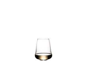Four SL RIEDEL Stemless Wings Aromatic White Wine/Champagne Wine Glasses filled with white wine on a white background.
