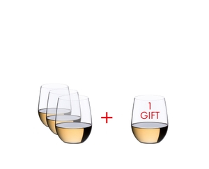 Three RIEDEL O Wine Tumbler Viognier/Chardonnay are slightly offset one behind the other on the right and one glass is on the left. A red plus sign is placed between the glasses. All 4 RIEDEL O Wine Tumbler Viognier/Chardonnay are filled with white wine.