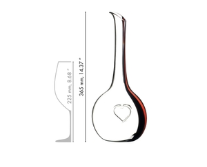 A RIEDEL Black Tie Bliss Decanter with a red stripe filled with red wine on white background. A red line indicates the level of 750ml wine.