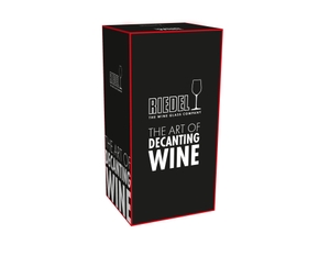 RIEDEL Eve Decanter filled with red wine on white background. A red line indicates the level of 750ml wine.