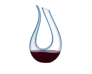 A RIEDEL Amadeo Decanter with a soft blue stripe of colour and filled with red wine.