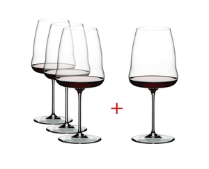 Three plus one RIEDEL Winewings Syrah glasses filled with red wine on a white background.