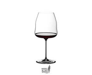 RIEDEL Winewings Pinot Noir/Nebbiolo filled with a drink on a white background