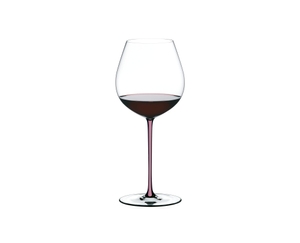 An unfilled RIEDEL Fatto A Mano Pinot Noir with a mauve stem on a white background with product dimensions.