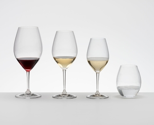 A RIEDEL Wine Friendly White Wine / Champagne Wine Glass on a white background with product dimensions: Height: 221 mm / 8.70 in, Biggest diameter: 85 mm / 3.35 in, Base diameter: 85 mm / 3.35 in.