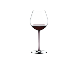 A RIEDEL Fatto A Mano Pinot Noir glass in pink filled with red wine on a transparent background. 