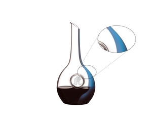 A RIEDEL Chinese Zodiac Tiger Decanter Blue filled with red wine on a white background. 