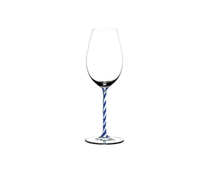 RIEDEL Fatto A Mano Champagne Wine Glass - blue white twisted - Hotel du Cap Eden Roc Edition filled with a drink on a white background