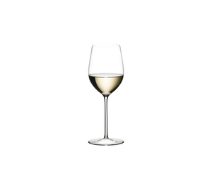 Two RIEDEL Sommeliers Mature Bordeaux/Chablis/Chardonnay glasses stand side by side on white background. The glass on the left side is filled with red wine, the other one is empty. Below the two glasses is the Sommeliers logo.