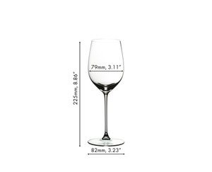 Unfilled RIEDEL Veritas Viognier/Chardonnay glass with dimensions on white background with product dimensions
