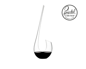 Red wine filled RIEDEL Swan Mini Decanter on white background. A red bottle icon with 