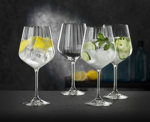 4 unfilled Nachtmann Gin & Tonic glasses side by side on a white background.