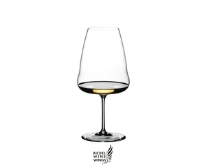 RIEDEL Winewings Riesling filled with a drink on a white background
