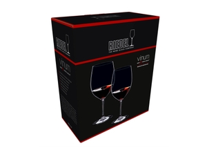 A RIEDEL Vinum Brunello di Montalcino glass filled with red wine on white background with product dimensions