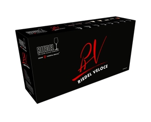 The unfilled wine glasses RIEDEL Veloce Cabernet Sauvignon, Pinot Noir/Nebbiolo, Sauvignon Blanc and Chardonnay glass from the RIEDEL Veloce Tasting Set stand slightly offset side by side against a white background with product dimensions.