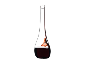 RIEDEL Decanter Dog Black/Red filled with a drink on a white background