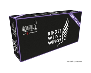 A RIEDEL Winewings Cabernet/Merlot glass on a white background with product dimensions: Height: 250 mm / 9.84 in, Biggest diameter: 117 mm / 4.61 in, Base diameter: 100 mm / 3.94 in.