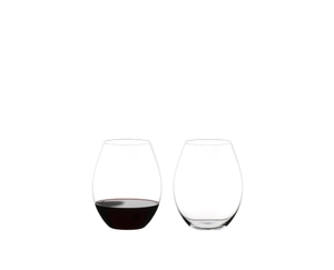 RIEDEL The O Wine Tumbler Old World Syrah filled with a drink on a white background